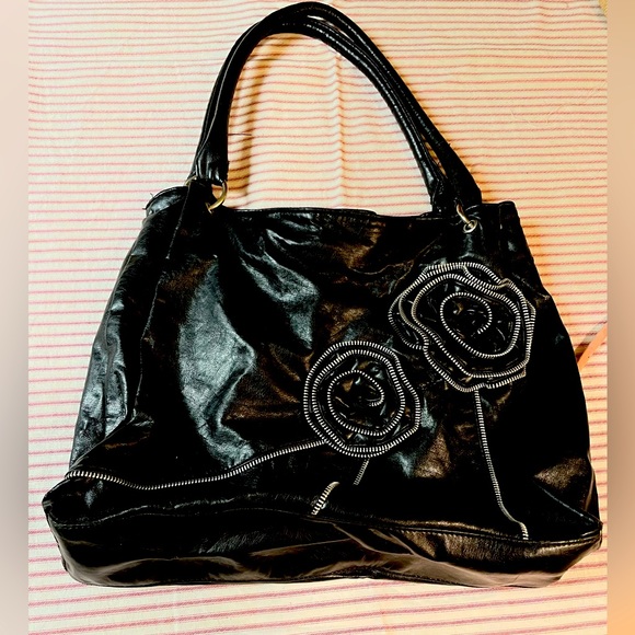 Handbags - Edgy Black Rose and Zipper detailed Bag